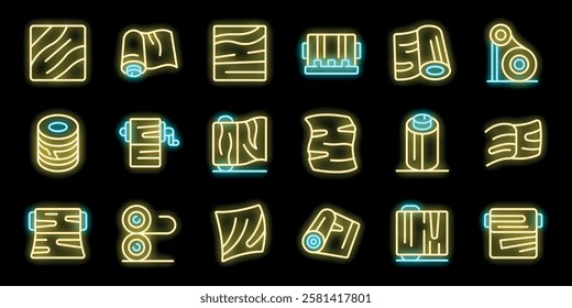 Set of glowing neon icons representing various woodworking materials, including lumber, veneer sheets, rolls of wood textures, and related equipment