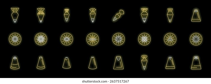 Set of glowing neon icons representing pastry bags and various icing nozzles, ideal for cake decorating and confectionery