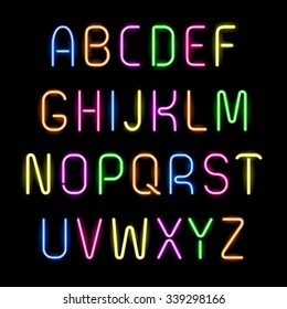 Set of glowing neon letters, alphabet for your design on black background

