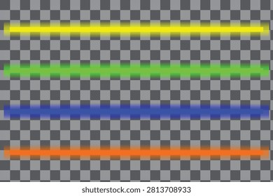 Set of glowing neon light lines in yellow, green, blue and orange colors. Abstract horizontal light beams isolated on a transparent background.
