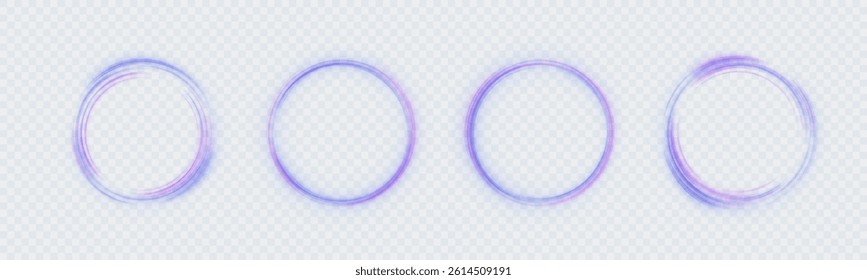 Set of glowing neon light rings in purple and blue hues with smooth swirl motion on transparent background. Perfect for sci-fi interfaces, HUD elements, magic circles, or tech designs.

