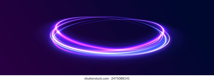 Set of glowing neon lighting isolated on background with copy space. Energy flow tunnel. Blue portal, platform.	