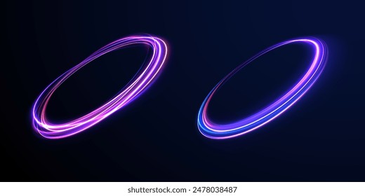Set of glowing neon lighting isolated on background with copy space. Energy flow tunnel. Blue portal, platform.	