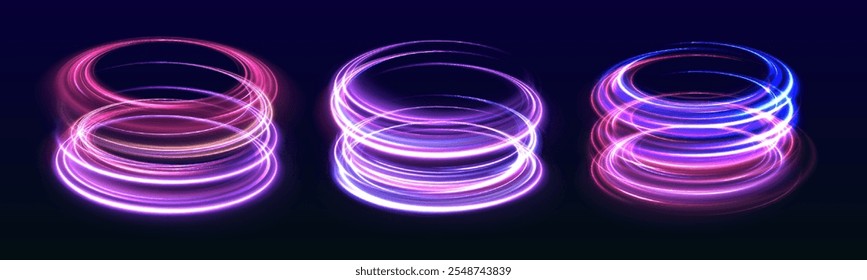 Set of glowing neon lighting isolated on background with copy space. Expressway, the effect of car headlights. Dynamic neon swirls with a cosmic feel, great for eye-catching visual compositions.	