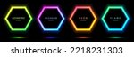 Set of glowing neon lighting lines isolated on black background. Blue, red-purple, green illuminate frame collection design. Abstract cosmic vibrant color hexagon border. Top view futuristic style.