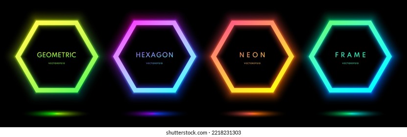 Set of glowing neon lighting lines isolated on black background. Blue, red-purple, green illuminate frame collection design. Abstract cosmic vibrant color hexagon border. Top view futuristic style.