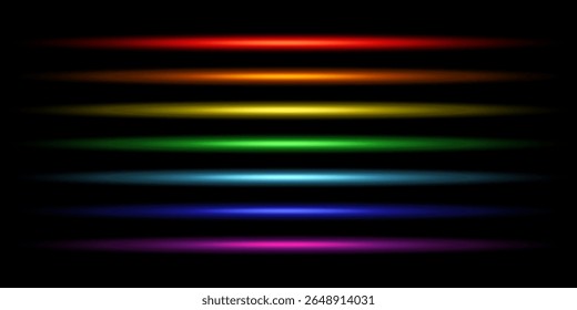 Conjunto de linhas de néon brilhantes. Laser e luz neon luminosa. Amarelo, laranja, vermelho, rosa, azul, roxo, violeta, flashes verdes. Ilustração vetorial no plano de fundo preto