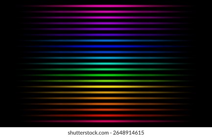 Conjunto de linhas de néon brilhantes. Laser e luz neon luminosa. Amarelo, laranja, vermelho, rosa, azul, roxo, violeta, flashes verdes. Ilustração vetorial no plano de fundo preto