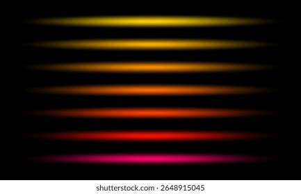 Conjunto de linhas de néon brilhantes. Laser e luz neon luminosa. Amarelo, laranja, vermelho, rosa flashes. Ilustração vetorial no plano de fundo preto