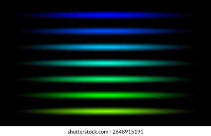 Conjunto de linhas de néon brilhantes. Laser e luz neon luminosa. Azul, flashes verdes. Ilustração vetorial no plano de fundo preto