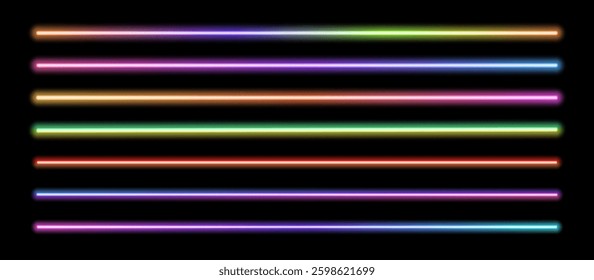 Set of glowing neon lines of rainbow colors. Luminous neon lamp tube for party design , website. Vector retro glowing laser beams on black background