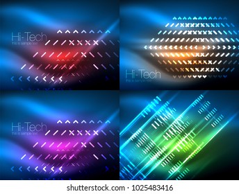 Set of glowing neon lines and shapes on dark, shiny motion, magic space light. Vector techno abstract backgrounds. Banner advertising layouts - colorful templates and wallpapers