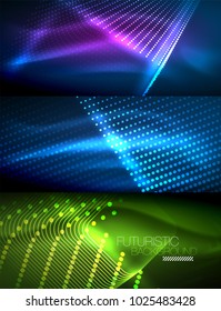 Conjunto de líneas de neón brillantes y formas sobre movimiento oscuro y brillante, luz espacial mágica. Antecedentes abstractos de vectores tecno. Diseños publicitarios - plantillas y fondos de pantalla de colores