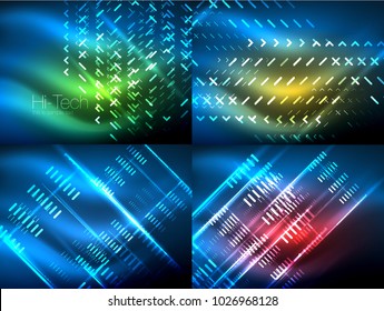 Set of glowing neon lines and shapes on dark, shiny motion, magic space light. Vector techno abstract backgrounds. Banner advertising layouts - colorful templates and wallpapers