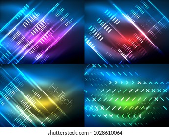 Satz leuchtender Neonlinien und -formen auf dunkler, glänzender Bewegung, magischer Raumleuchte. Abstrakte Vektorhintergründe des Techno. Werbegestaltung für Banner - bunte Vorlagen und Bildschirmhintergründe