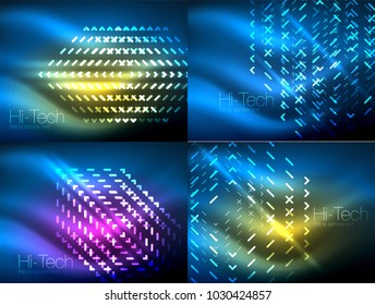 Satz leuchtender Neonlinien und -formen auf dunkler, glänzender Bewegung, magischer Raumleuchte. Abstrakte Vektorhintergründe des Techno. Werbegestaltung für Banner - bunte Vorlagen und Bildschirmhintergründe