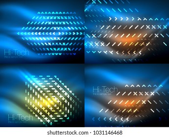 Set of glowing neon lines and shapes on dark, shiny motion, magic space light. Vector techno abstract backgrounds. Banner advertising layouts - colorful templates and wallpapers
