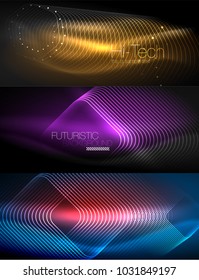 Conjunto de líneas de neón brillantes y formas sobre movimiento oscuro y brillante, luz espacial mágica. Antecedentes abstractos de vectores tecno. Diseños publicitarios - plantillas y fondos de pantalla de colores