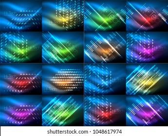 Set of glowing neon lines and shapes on dark, shiny motion, magic space light. Vector techno abstract backgrounds. Banner advertising layouts - colorful templates and wallpapers