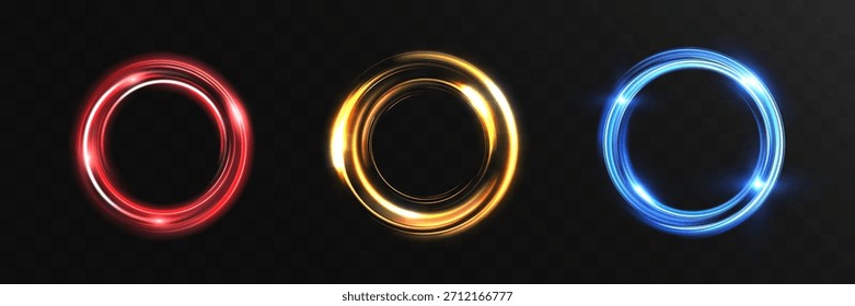 Conjunto de anillos mágicos de neón brillante con efectos de remolino de energía roja, dorada y azul sobre fondo transparente oscuro, ilustración de Vector EPS.