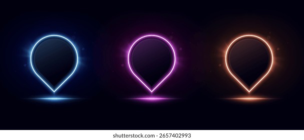 Set of glowing neon map markers in blue, purple and gold on dark background. Vibrant location labels for user interface, digital interfaces and sci-fi visuals.