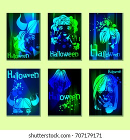 Set of glowing, neon, multicolored, gloomy poster for the Halloween party on October 31st. Posters with the girl's face, brush spray. Bright invitations, postcards, signs