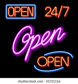 Set of glowing neon OPEN signs. Vector.