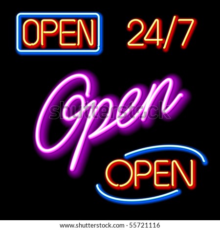 Set of glowing neon OPEN signs. Vector.