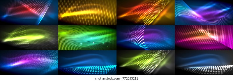 Set of glowing neon particles waves, vector futuristic technology shiny templates, web abstract backgrounds