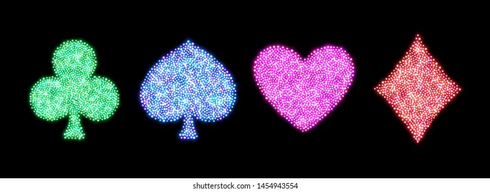 Set of glowing neon poker symbols, from light particles, diamonds spades clovers hearts. 