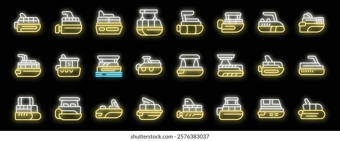 Set of glowing neon pontoon boat icons illuminating various designs and styles for recreational activities