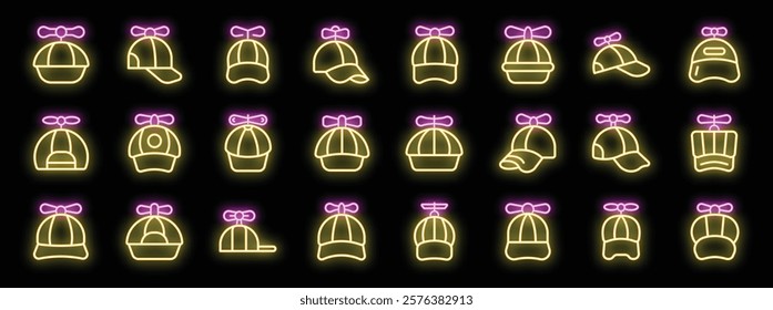 Set of glowing neon propeller caps icons on a dark background, showcasing various designs and perspectives