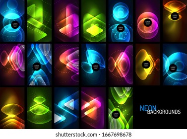 Set of glowing neon shiny transparent abstract geometric shapes with light effects. Techno futuristic vector abstract backgrounds For Wallpaper, Banner, Background, Card, Book Illustration, landing