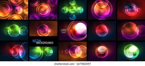 Set of glowing neon shiny transparent bubbles, glass circles or bio cell concepts. Techno futuristic vector abstract backgrounds For Wallpaper, Banner, Background, Card, Book Illustration, landing