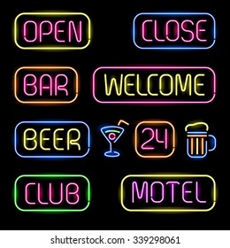 Set of glowing neon signboards on black background