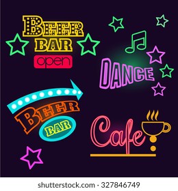 Set of glowing neon signs of dance, cafe and beer bar. Vector illustration set
