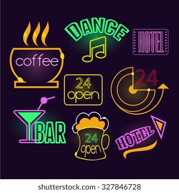 Set of glowing Neon signs of hotel, cafe and bar, 24 hours. Vector illustration set