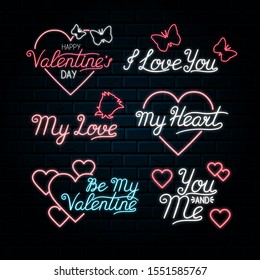 Set of Glowing neon signs with luminic lettering for happy valentines day celebration. Vector isolated romantic led signboard for family cafe background with heart, rose and butterfly.