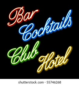 Set of glowing neon signs. Vector.