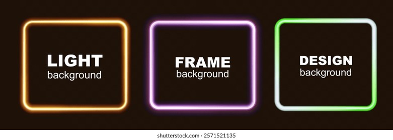 Set of glowing neon square frames in vibrant colors (orange, pink, green, and purple) on dark transparent background. Modern luminous design for digital, futuristic, and decorative purposes.