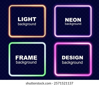 Set of glowing neon square frames in vibrant colors (orange, pink, green, and purple) on dark transparent background. Modern luminous design for digital, futuristic, and decorative purposes.