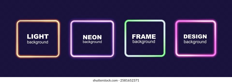 Set of glowing neon square frames in vibrant colors (orange, pink, green, and purple) on dark transparent background. Modern luminous design for digital, futuristic, and decorative purposes.	