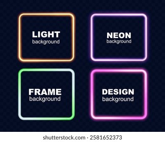 Set of glowing neon square frames in vibrant colors (orange, pink, green, and purple) on dark transparent background. Modern luminous design for digital, futuristic, and decorative purposes.	