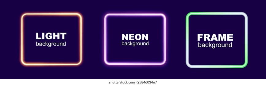 Set of glowing neon square frames in vibrant colors (orange, pink, green, and purple) on dark transparent background. Modern luminous design for digital, futuristic, and decorative purposes.	