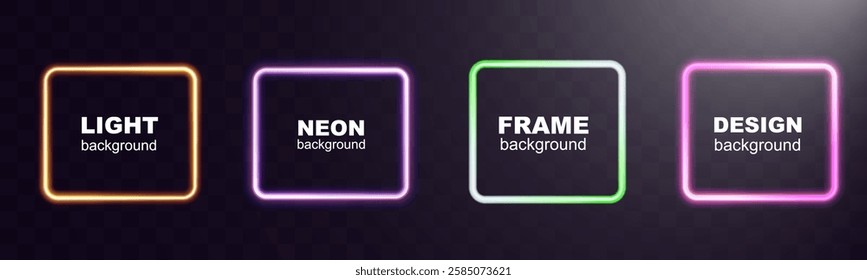 Set of glowing neon square frames in vibrant colors (orange, pink, green, and purple) on dark transparent background. Modern luminous design for digital, futuristic, and decorative purposes.