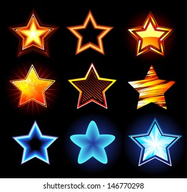 Set of glowing neon stars and fire on dark background.