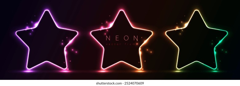 Set of glowing neon stars shape with lighting lines on black background technology concept. Light elements for badges, price tag, label cards, logo design, christmas.
