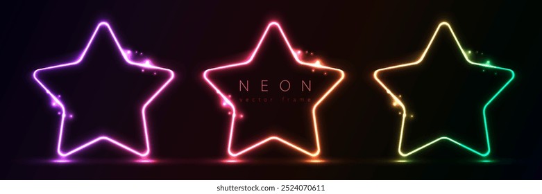 Set of glowing neon stars shape with lighting lines on black background technology concept. Light elements for badges, price tag, label cards, logo design, christmas.