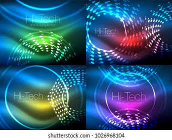 Set of glowing neon techno shapes, abstract background collection. Vector futuristic magic space wallpapers, shiny light effects templates for web banner, business or technology presentation
