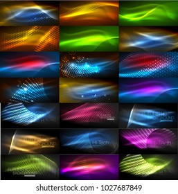 Set of glowing neon techno shapes, abstract background collection. Vector futuristic magic space wallpapers, shiny light effects templates for web banner, business or technology presentation